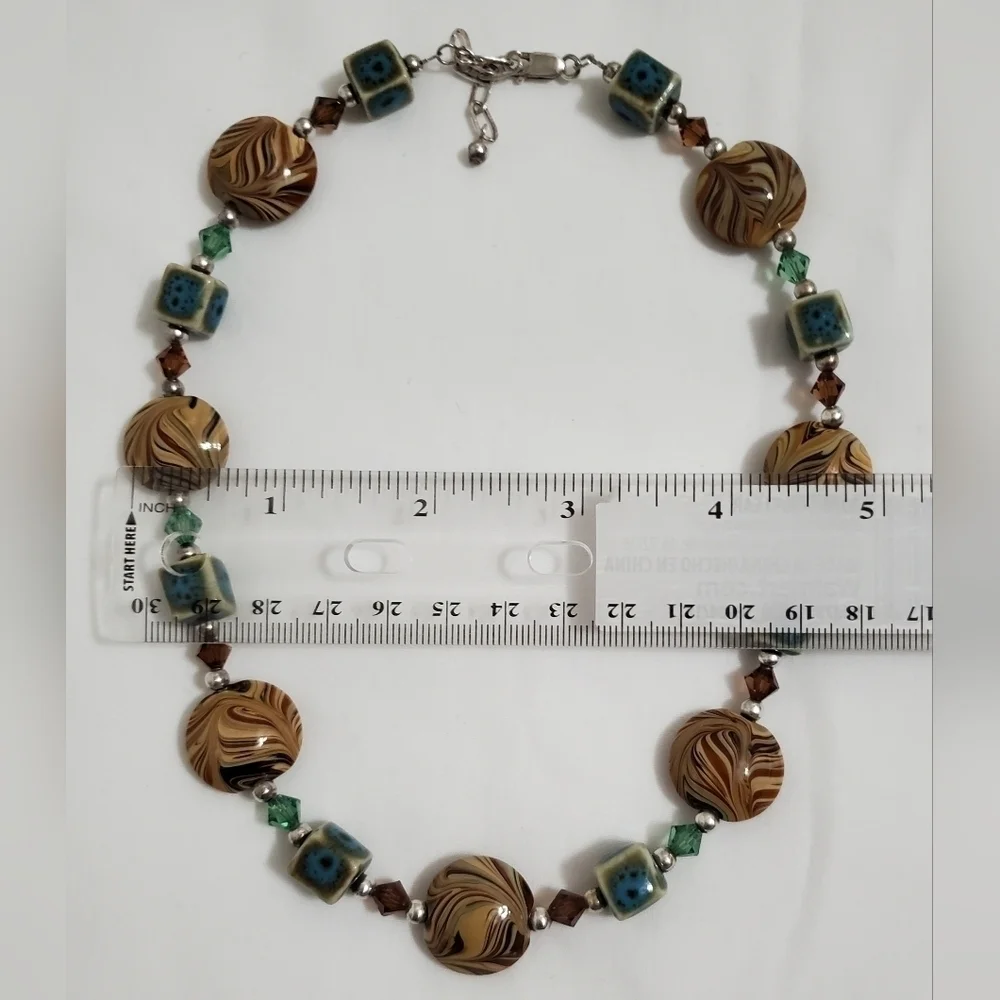 Vintage Orange Brown & Turquoise Color Art Glass & Sterling Silver Necklace